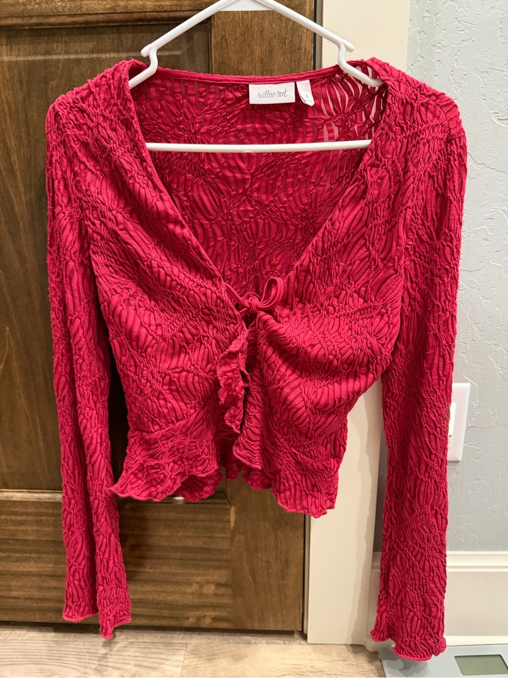 Women's Long Sleeve Crinkle Tie-Front Blouse Top